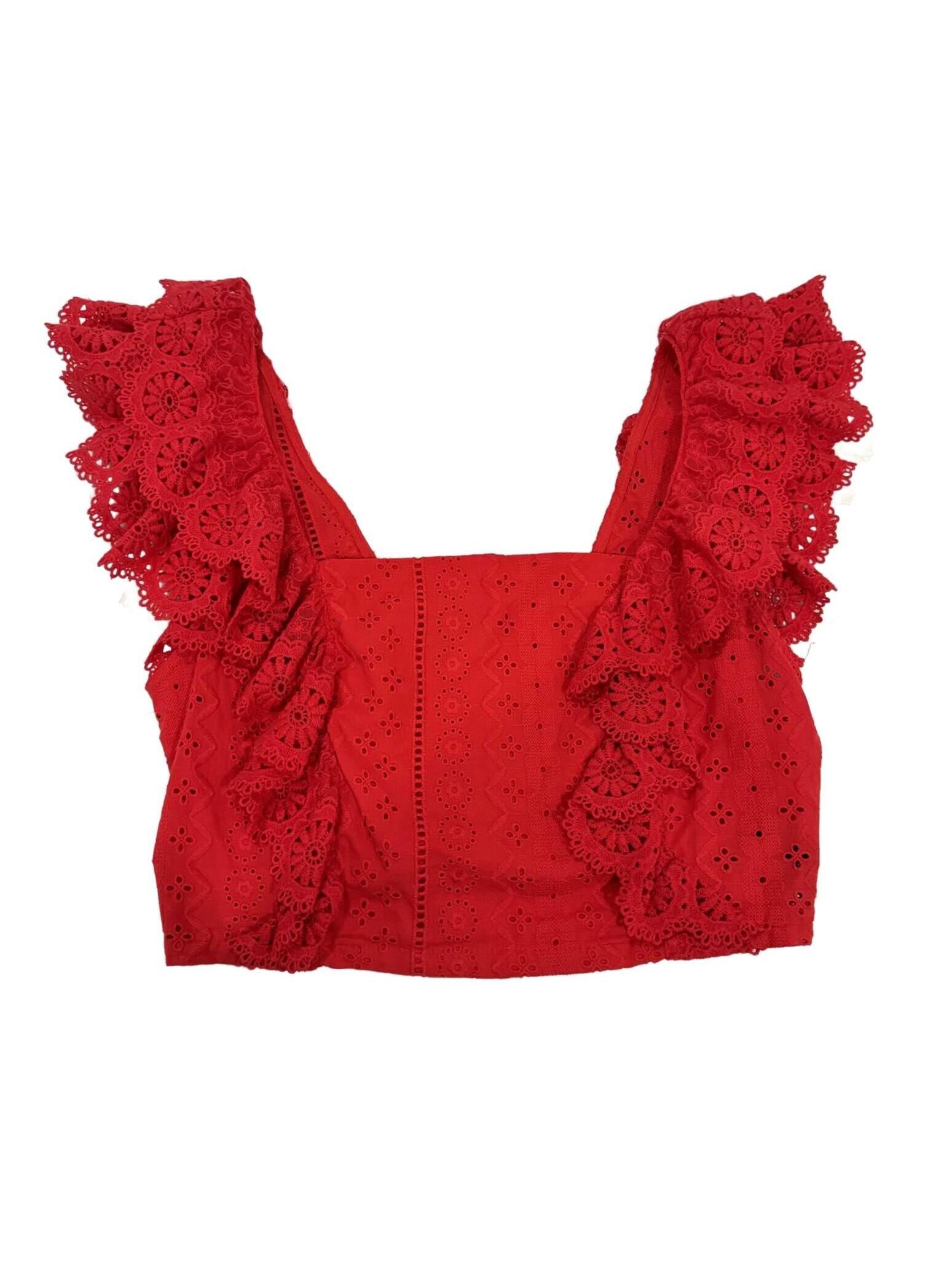 Altar'd State Red Eyelet Embroidered Coquette Cottagecore Ruffle Crop Top Medium